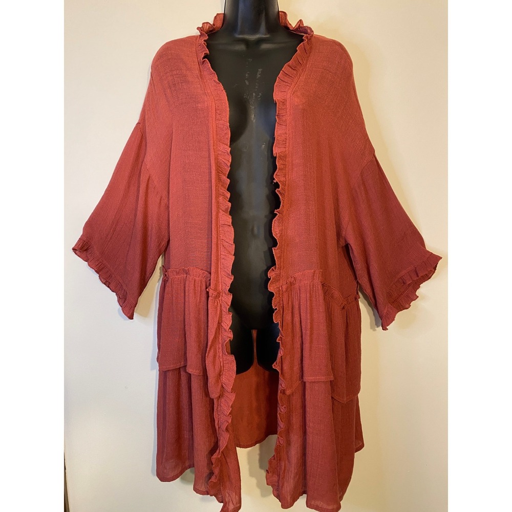 Easel Terracotta Ruffle Tiered Kimono Cardigan Open Front Tencel Rust Medium